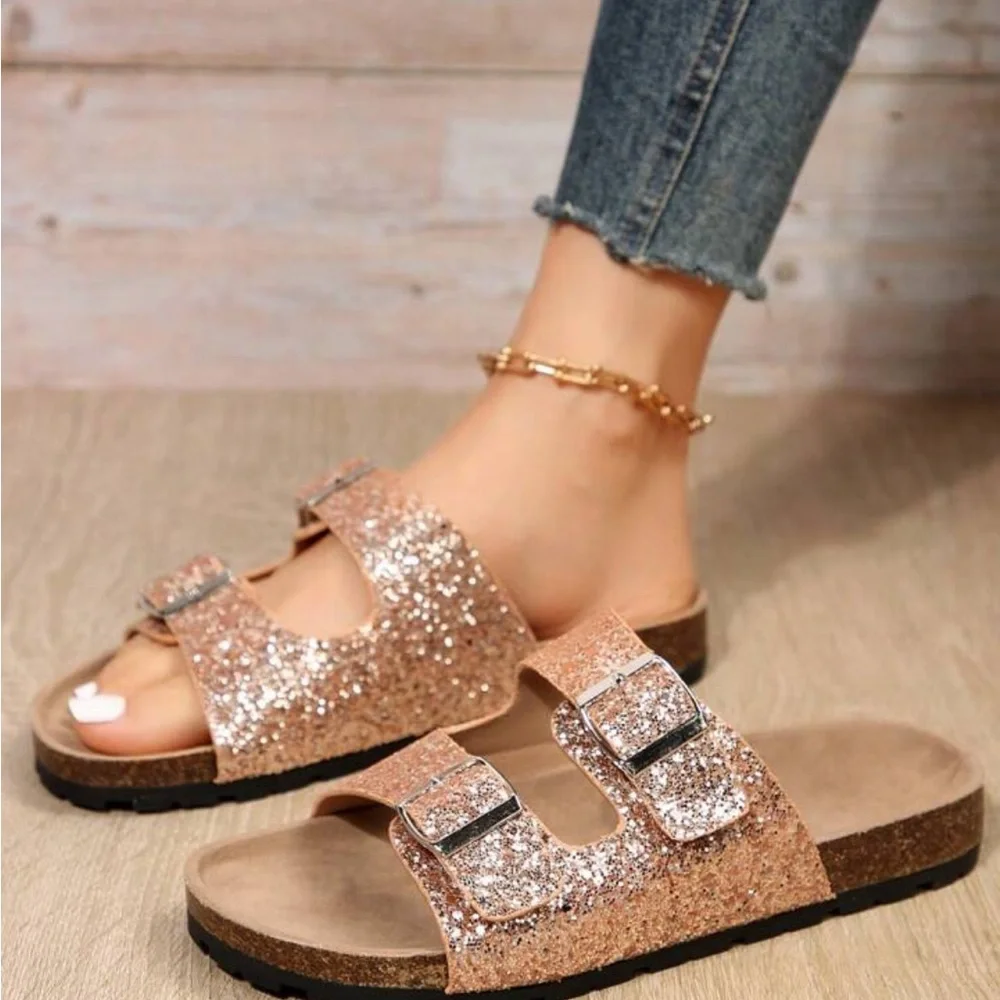 Glamorous Sandals For Women, Glitter Double Buckle Decor Flat Sandals - Picture 3 of 6